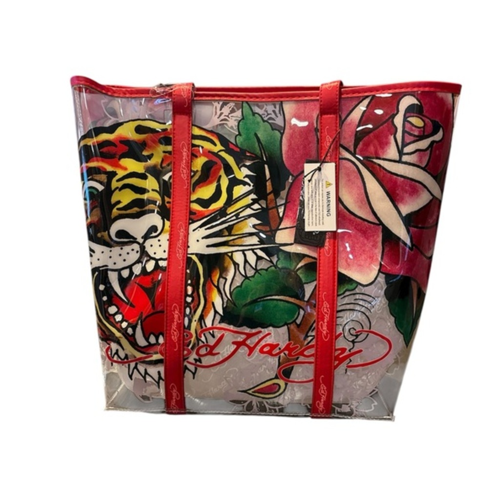 ED HARDY Tiger Rose Graphic Clear Tote with removable ID Card Holder
